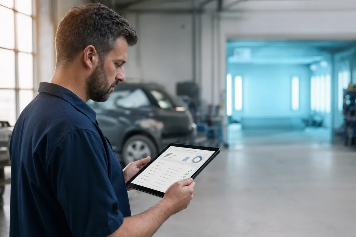 Collision repair technician reviewing a digital estimate on a tablet